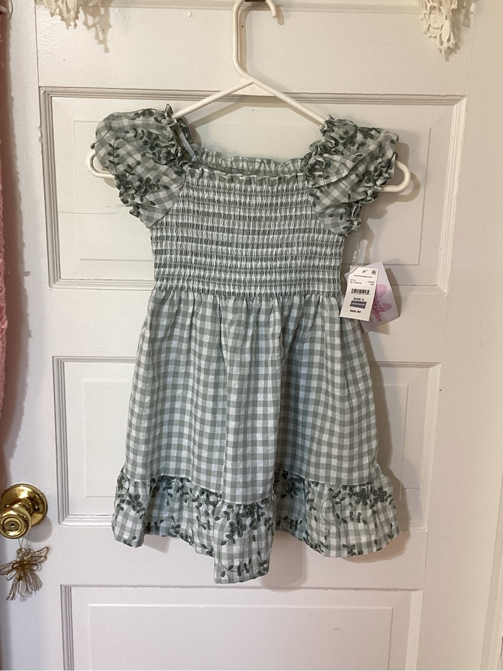 Bonnie Jean Sage Green Gingham Smocked Dress with Ruffle Sleeves